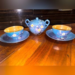 ANTIQUE JAPANESE LUSTERWARE 5-piece Set, Sugar Bowl & Cup CHERRY BLOSSOM PATTERN